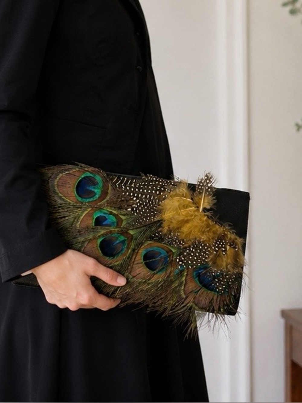 Brand New Designer LAWLESS Black Leather Clutch with Peacock Feather Accents